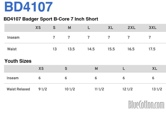 Size chart for a BD4107 Badger Sport B-Core 7 Inch Short